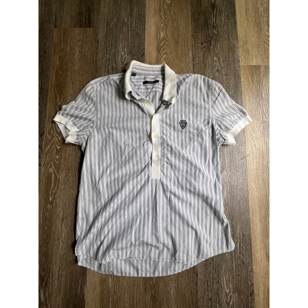 Gucci Polo Shirt Mens 41/16 Blue White Striped Crest Logo Short Sleeve Luxury